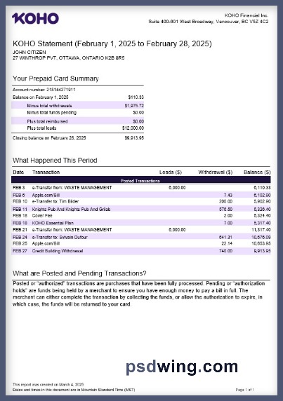 Canada KOHO Financial Incorporated Bank Statement (Word)